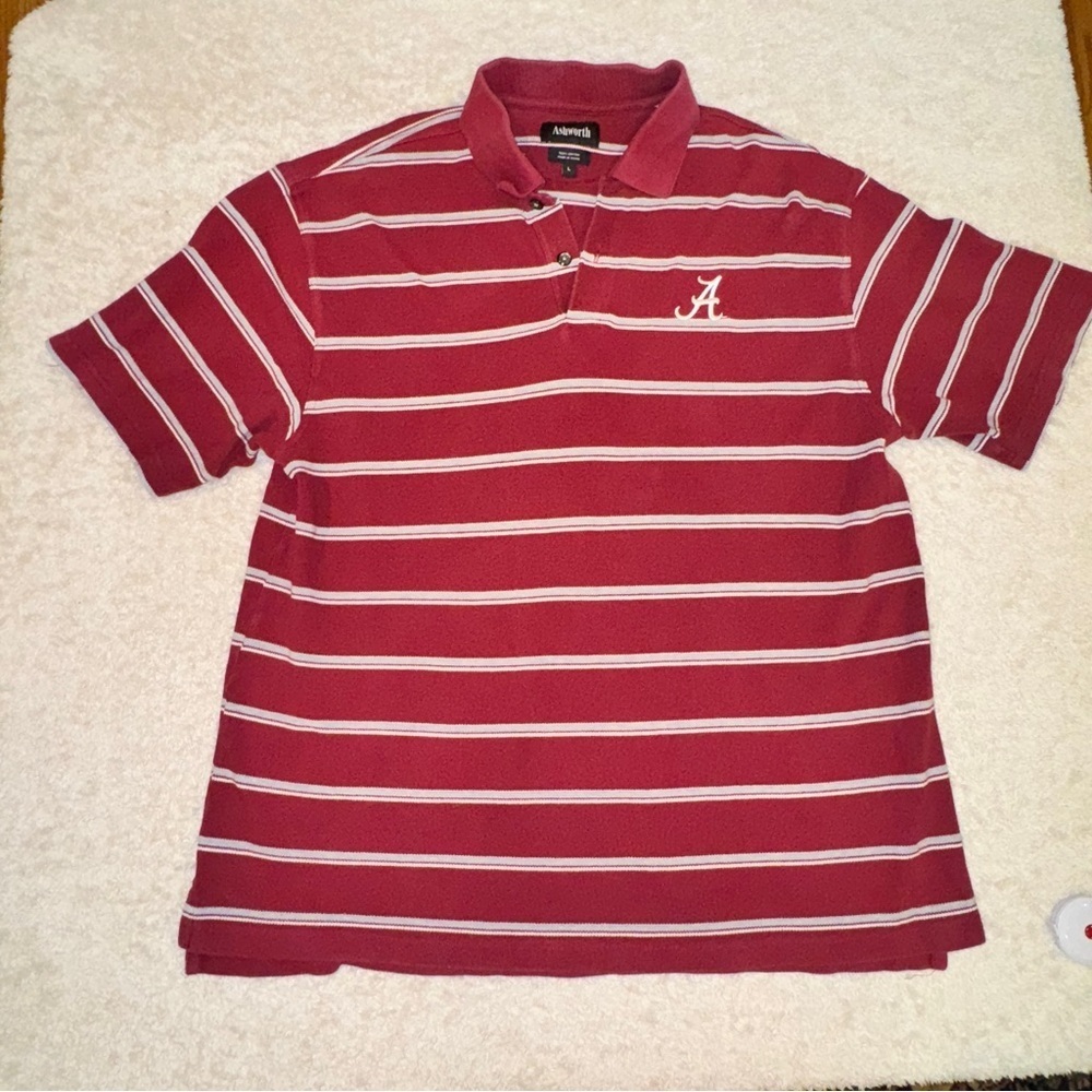 Ashworth Men's Red and White Striped Alabama Polo Shirt